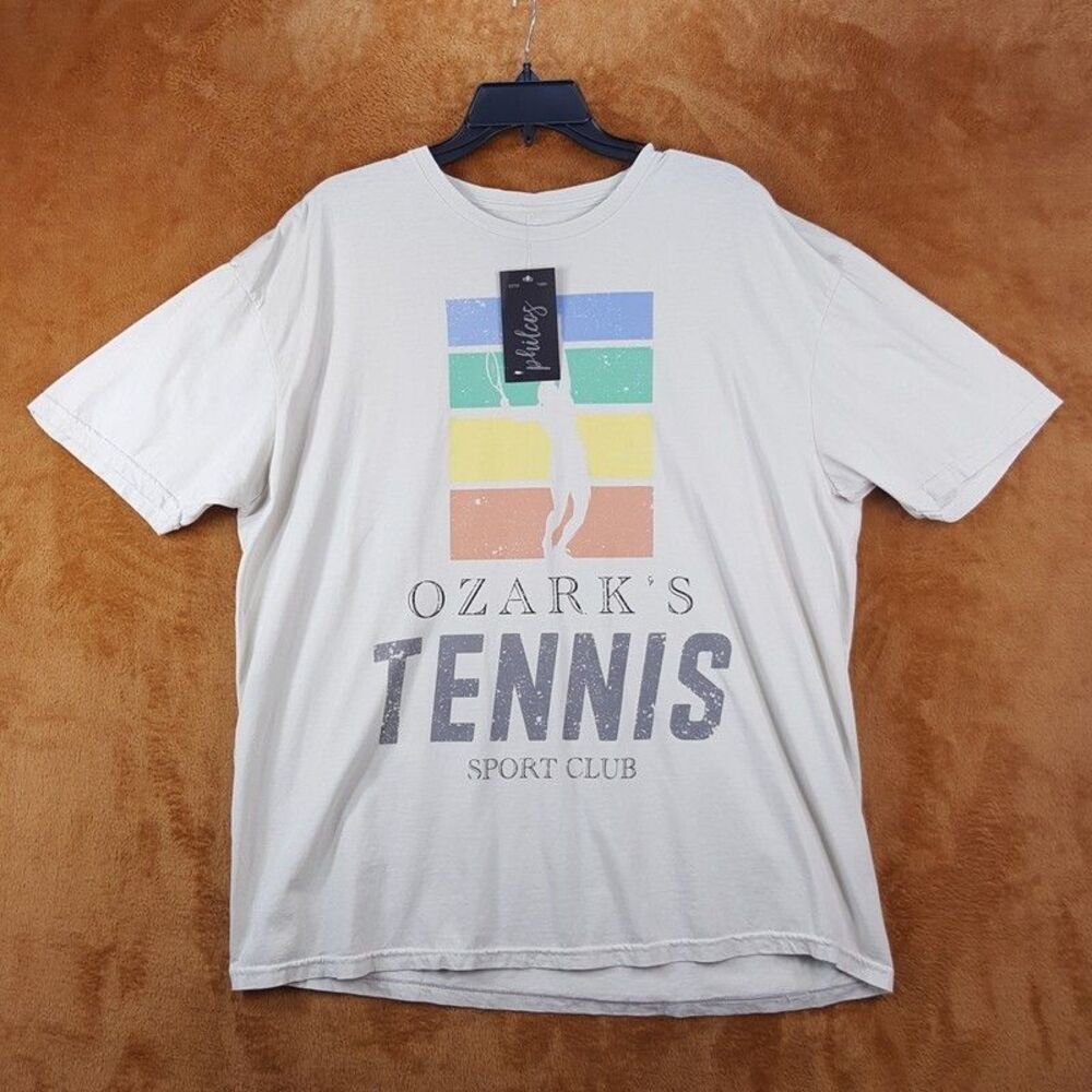 PHILCOS Shirt Mens XL Cream Pullover Crew Ozark Tennis Graphic Short Sleeve Tee